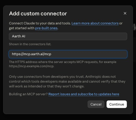 Add custom connector form with the name Aarth AI and URL https://mcp.aarth.ai/mcp.