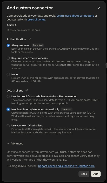Authentication settings showing Always required and No client ID — register one automatically selected.