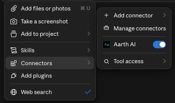 Claude’s Connectors menu showing Aarth AI with its toggle switched on.